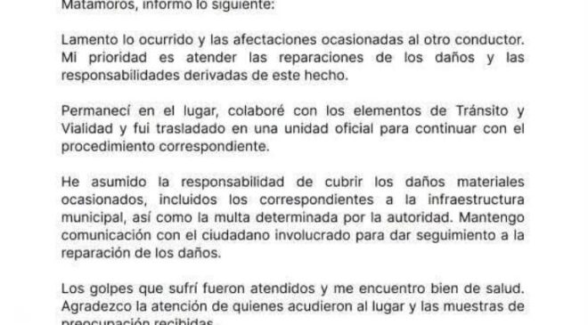 EDUARDO LÓPEZ ARIAS EMITE COMUNICADO TRAS ACCIDENTE VIAL EN REYNOSA
